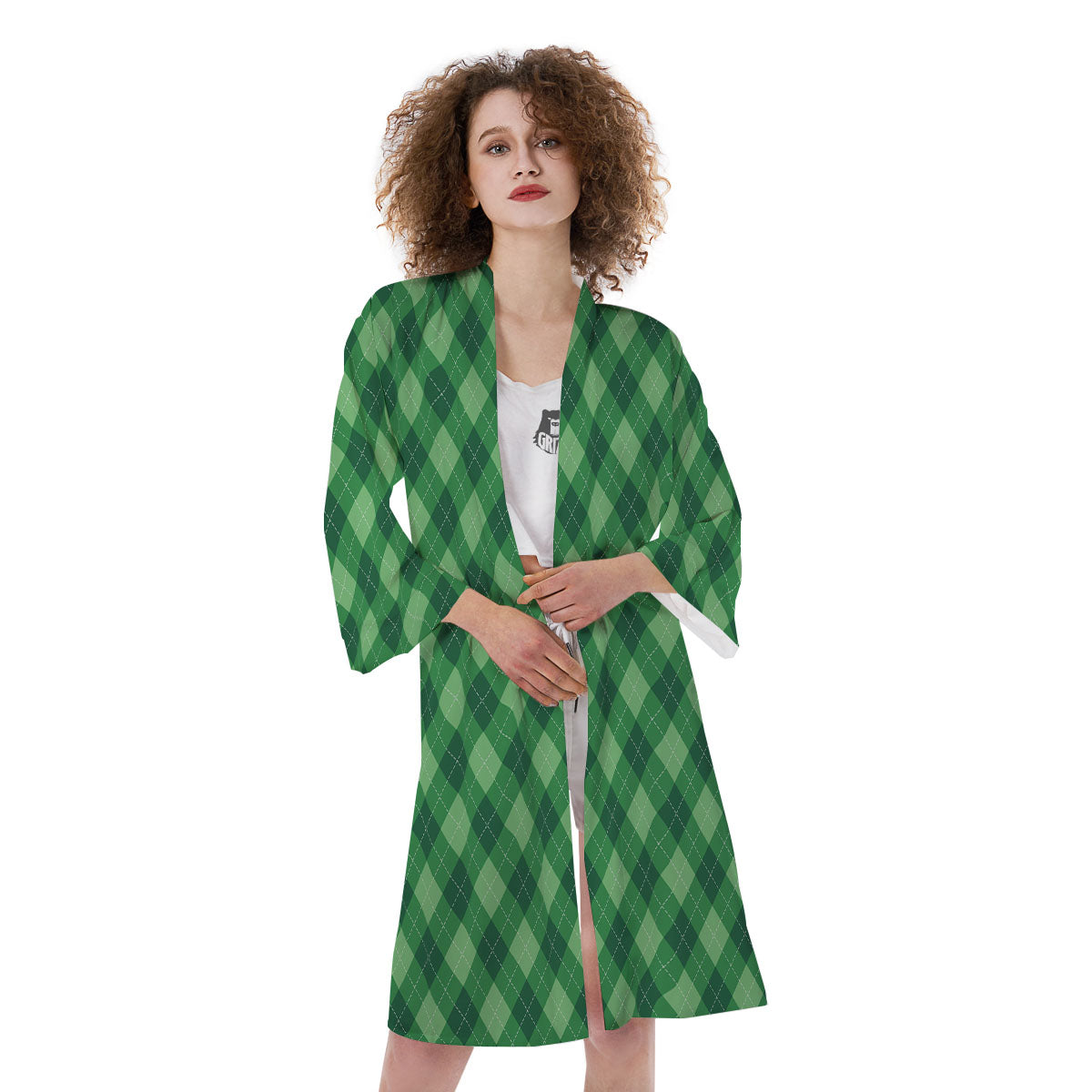 Argyle Forest Green Print Pattern Kimono-grizzshop