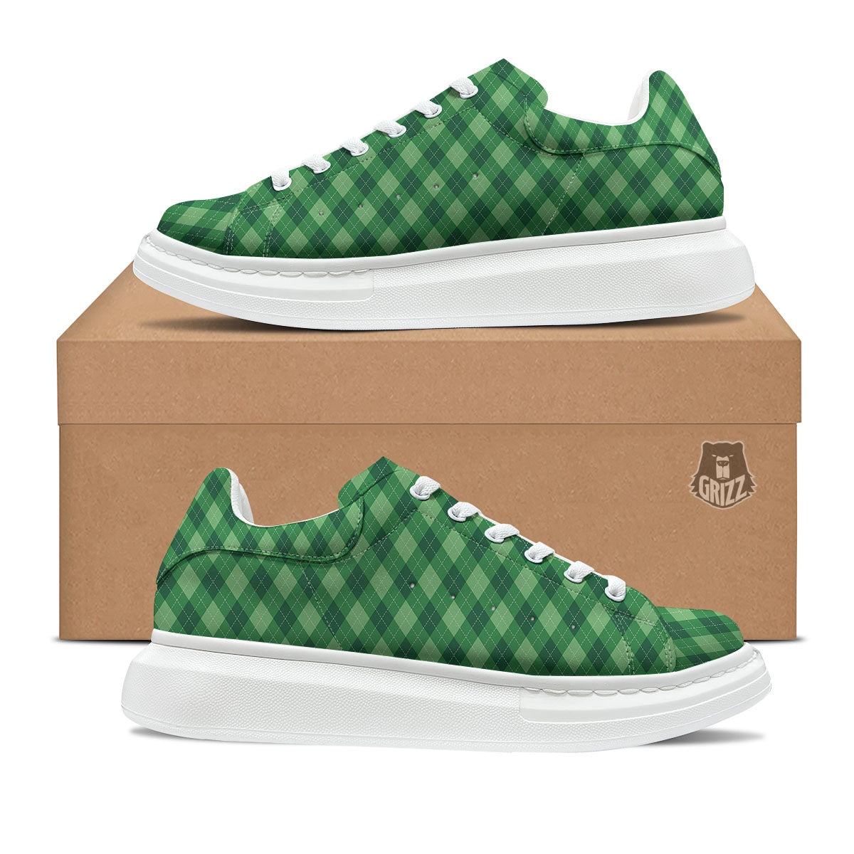 Argyle Forest Green Print Pattern Platform Shoes-grizzshop