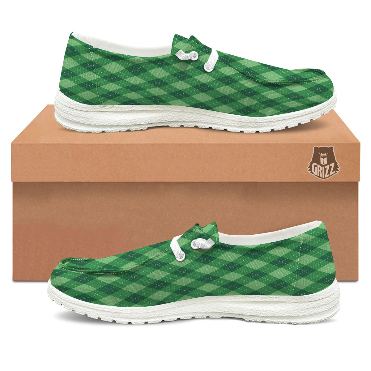 Argyle Forest Green Print Pattern White Loafers-grizzshop