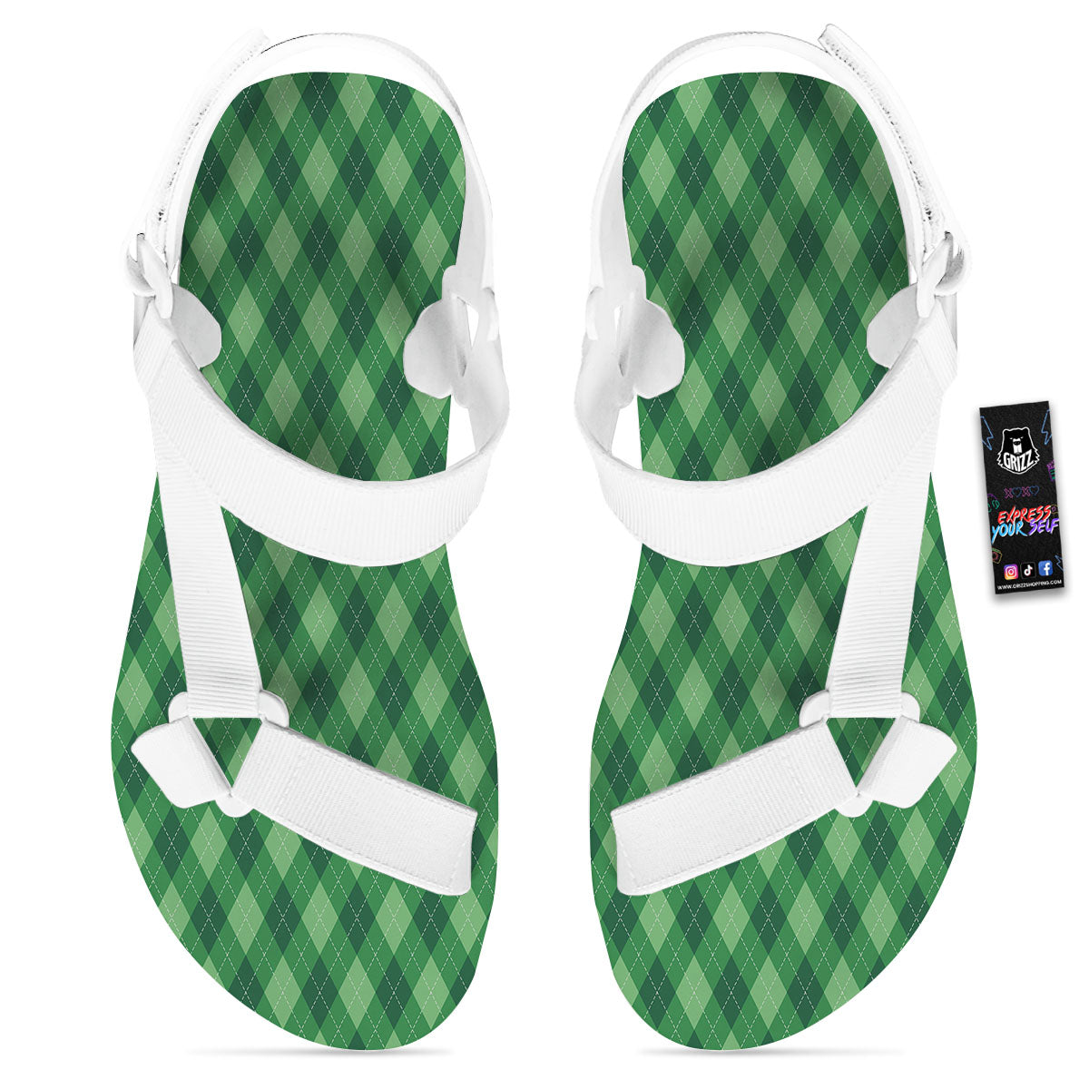 Argyle Forest Green Print Pattern White Open Toe Sandals-grizzshop