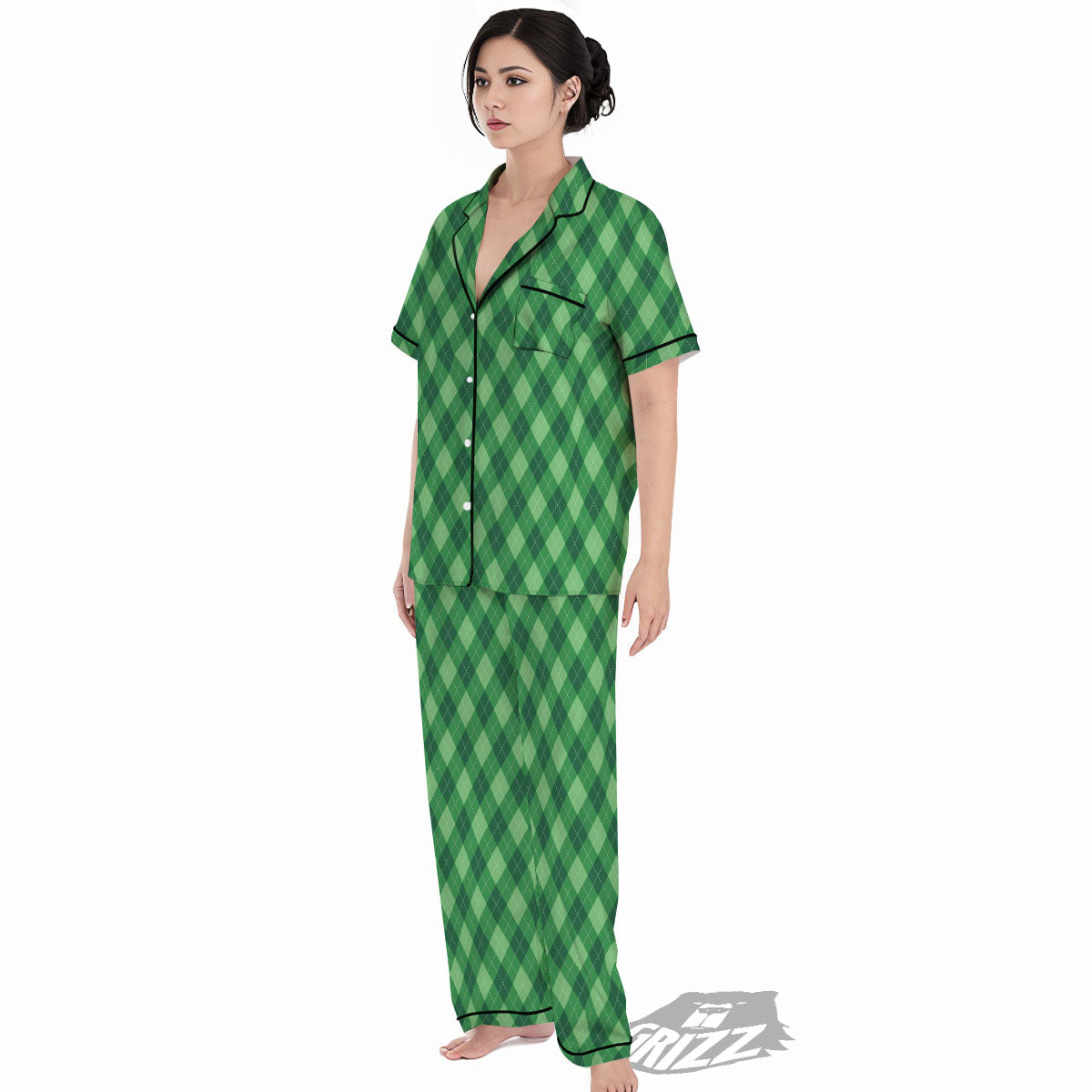Argyle Forest Green Print Pattern Women's Pajamas Set-grizzshop