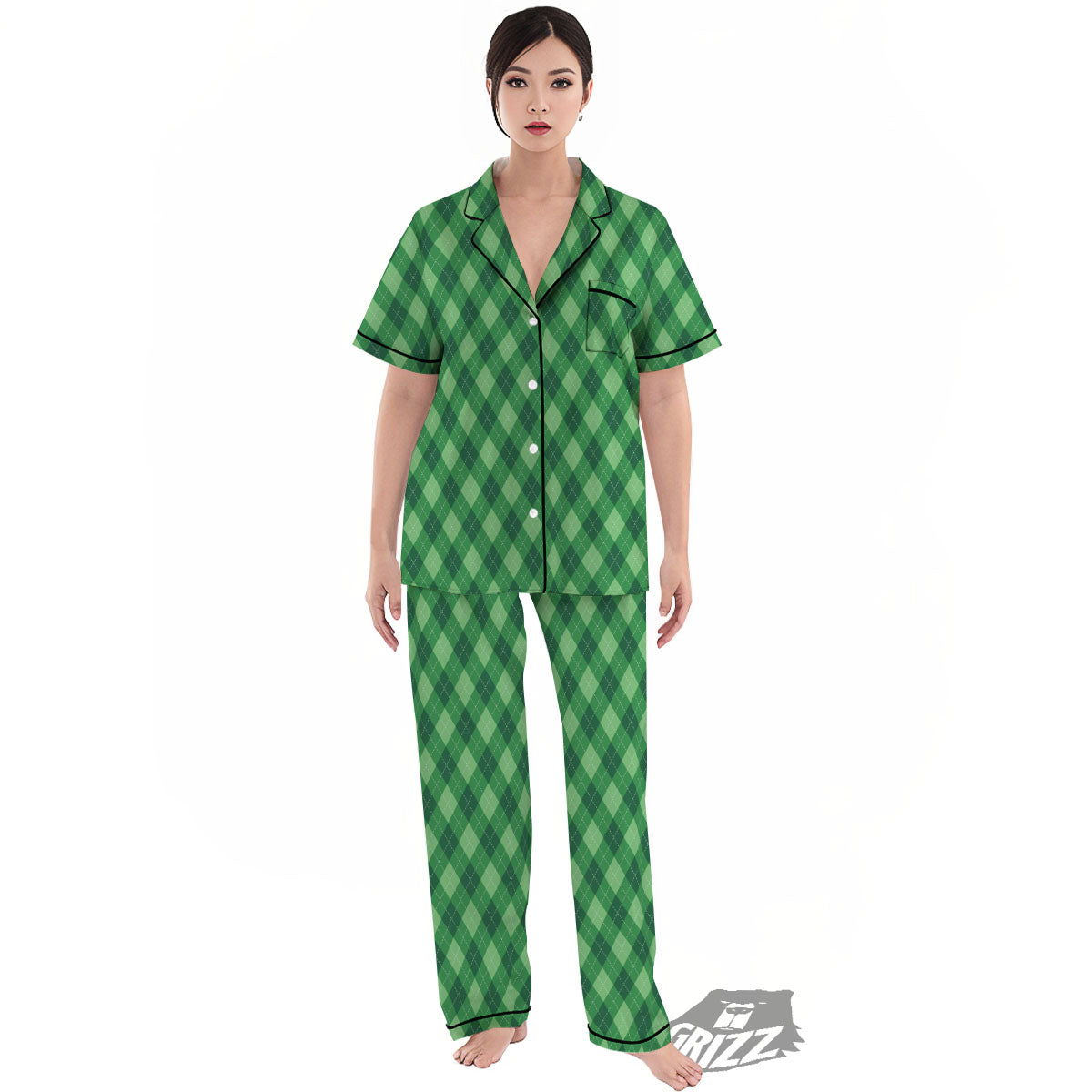 Argyle Forest Green Print Pattern Women's Pajamas Set-grizzshop
