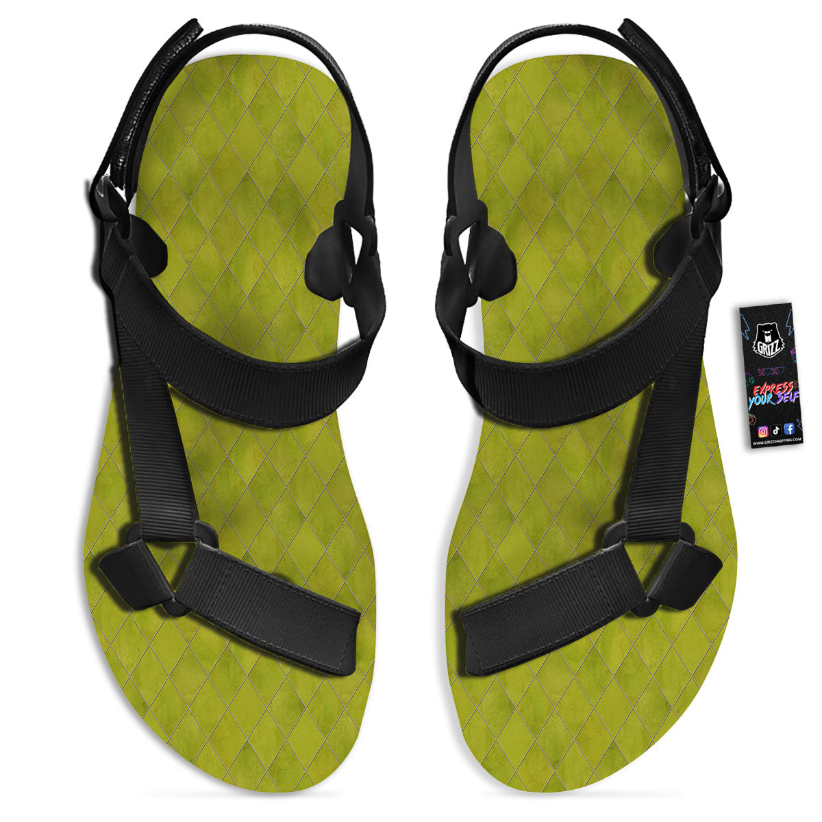 Argyle Grass Green Print Pattern Black Open Toe Sandals-grizzshop