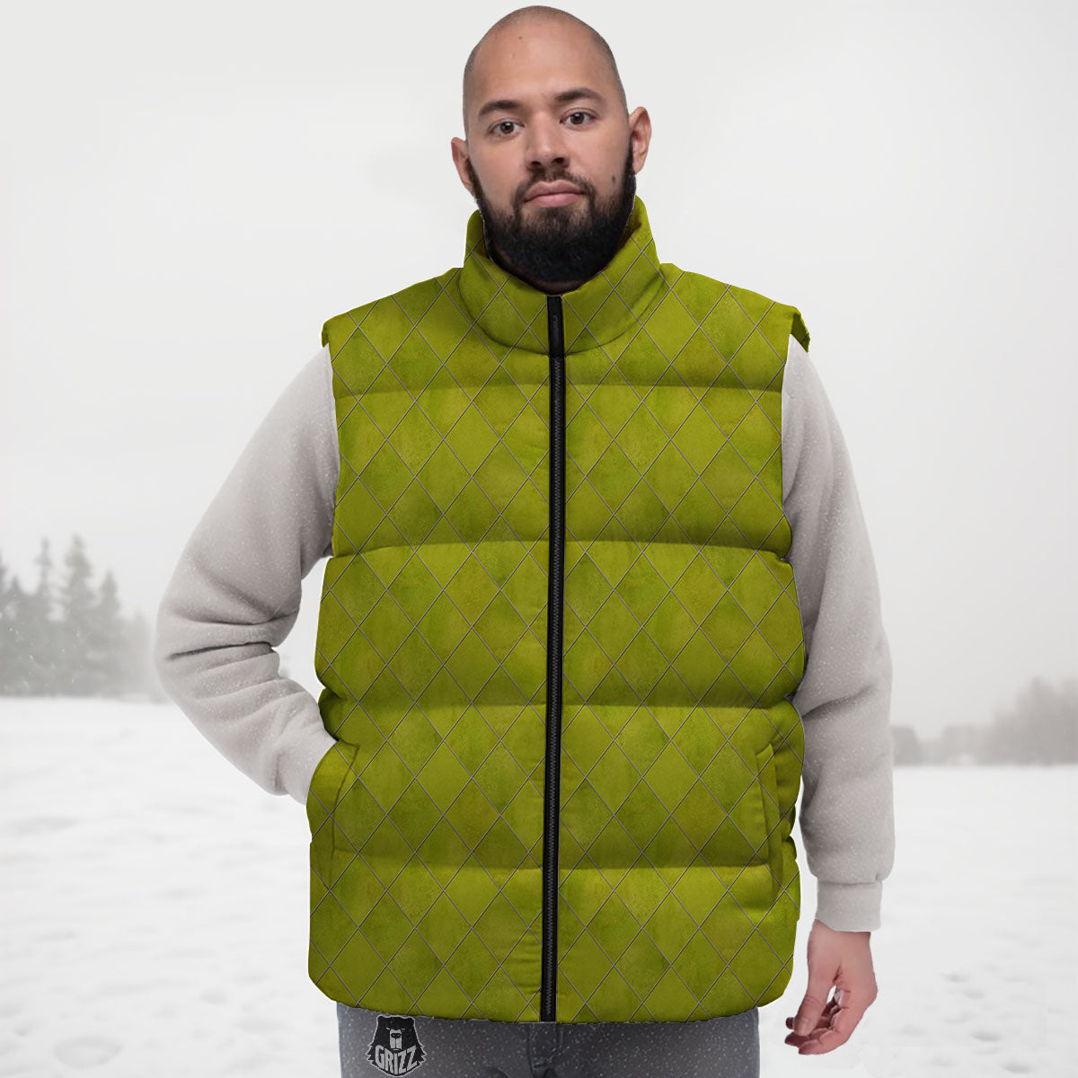 Argyle Grass Green Print Pattern Down Vest-grizzshop