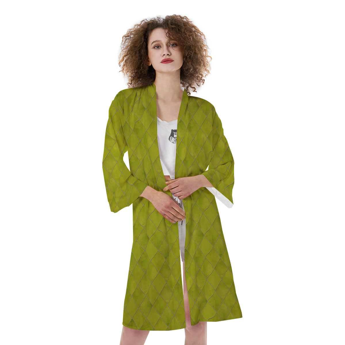 Argyle Grass Green Print Pattern Kimono-grizzshop