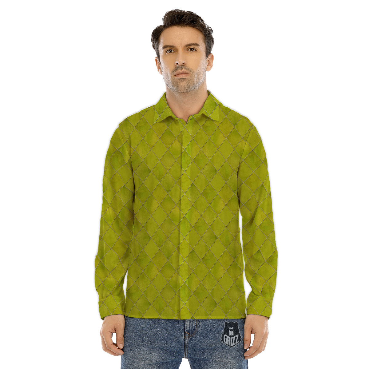 Argyle Grass Green Print Pattern Men's Dress Shirts-grizzshop
