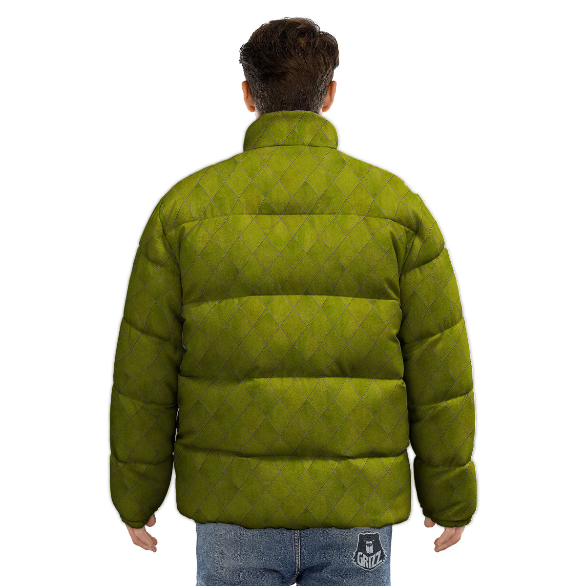 Argyle Grass Green Print Pattern Puffer Jacket-grizzshop