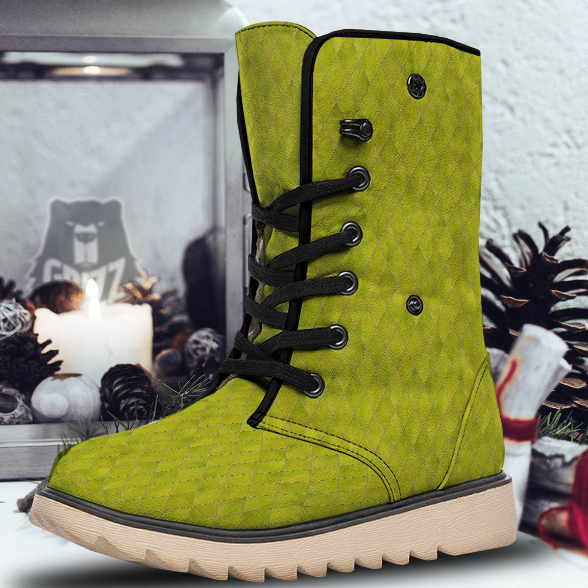 Argyle Grass Green Print Pattern Snow Boots-grizzshop