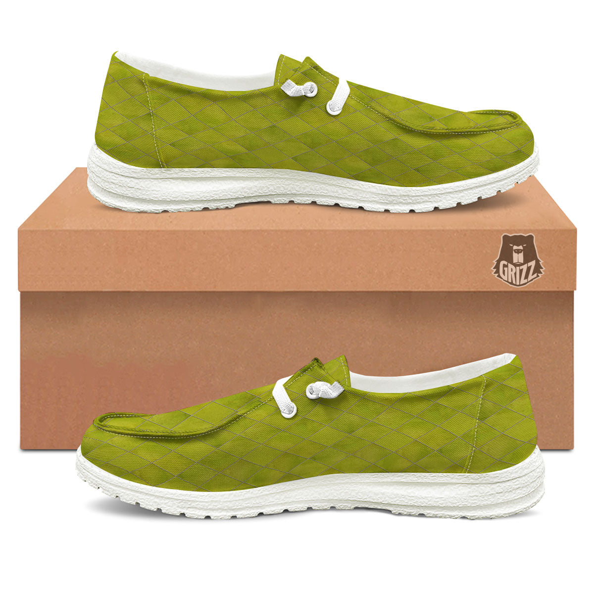 Argyle Grass Green Print Pattern White Loafers-grizzshop