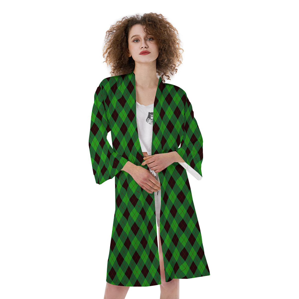 Argyle Green And Black Print Pattern Kimono-grizzshop