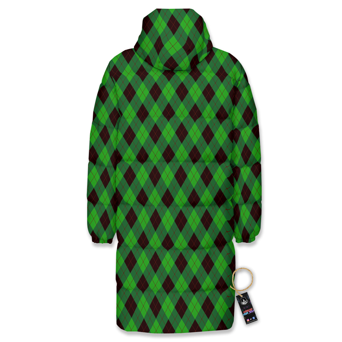 Argyle Green And Black Print Pattern Long Down Jacket-grizzshop