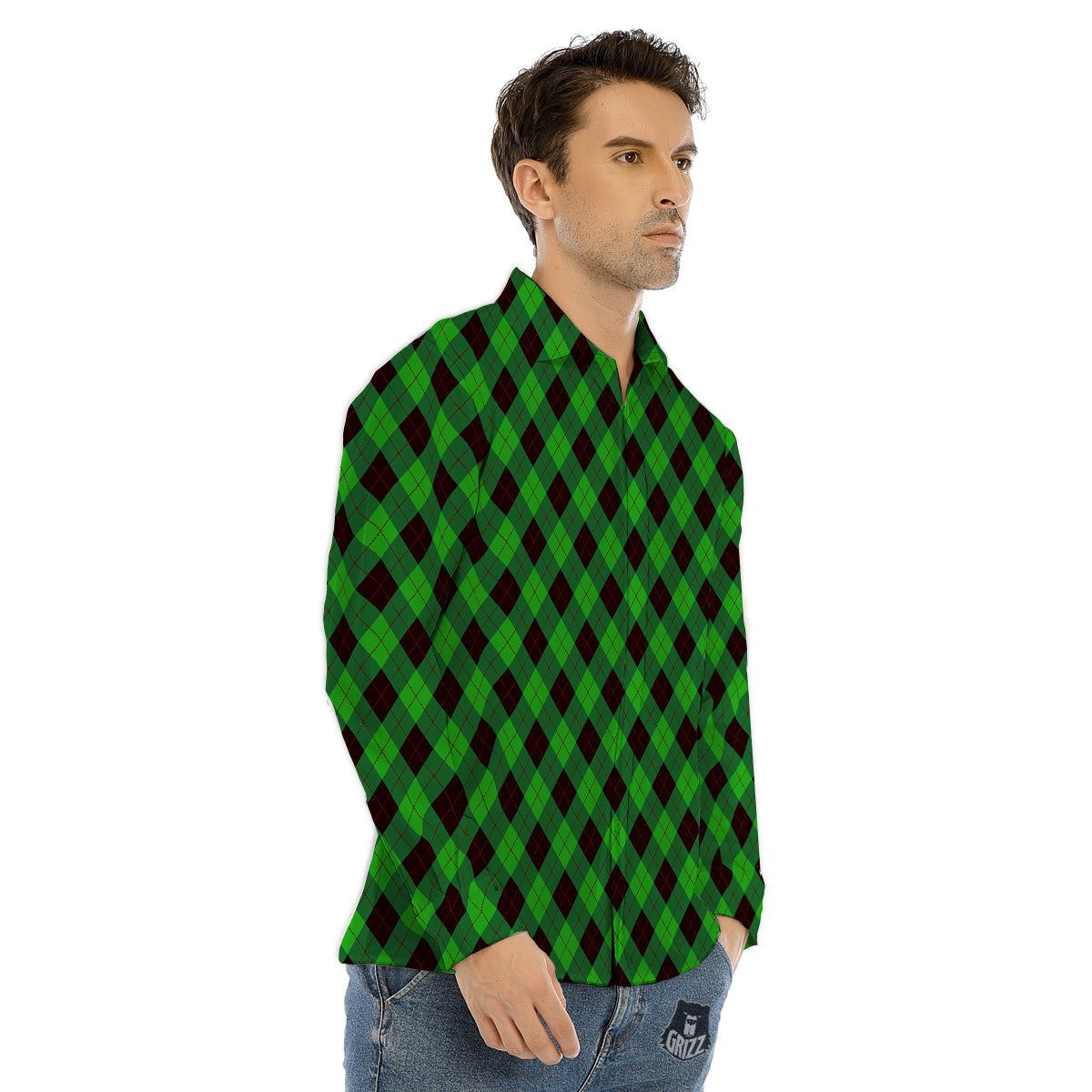 Argyle Green And Black Print Pattern Men's Dress Shirts-grizzshop