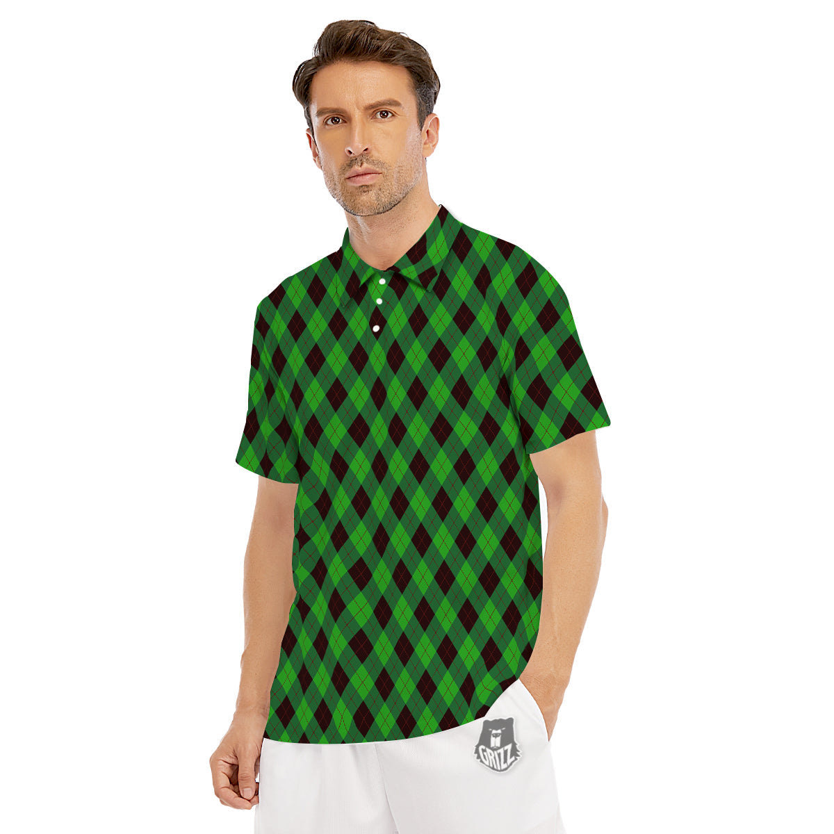 Argyle Green And Black Print Pattern Men's Golf Shirts-grizzshop