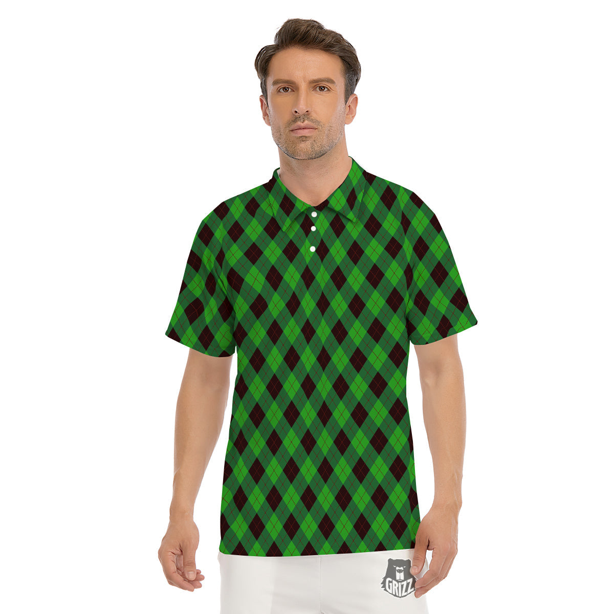 Argyle Green And Black Print Pattern Men's Golf Shirts-grizzshop
