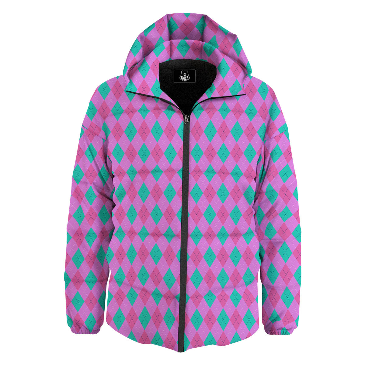 Argyle Green And Pink Print Pattern Down Jacket-grizzshop