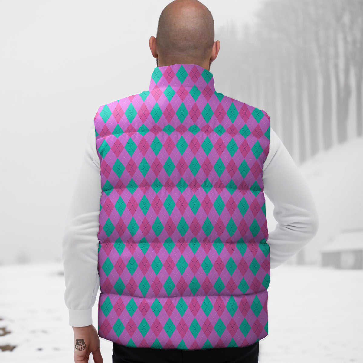 Argyle Green And Pink Print Pattern Down Vest-grizzshop