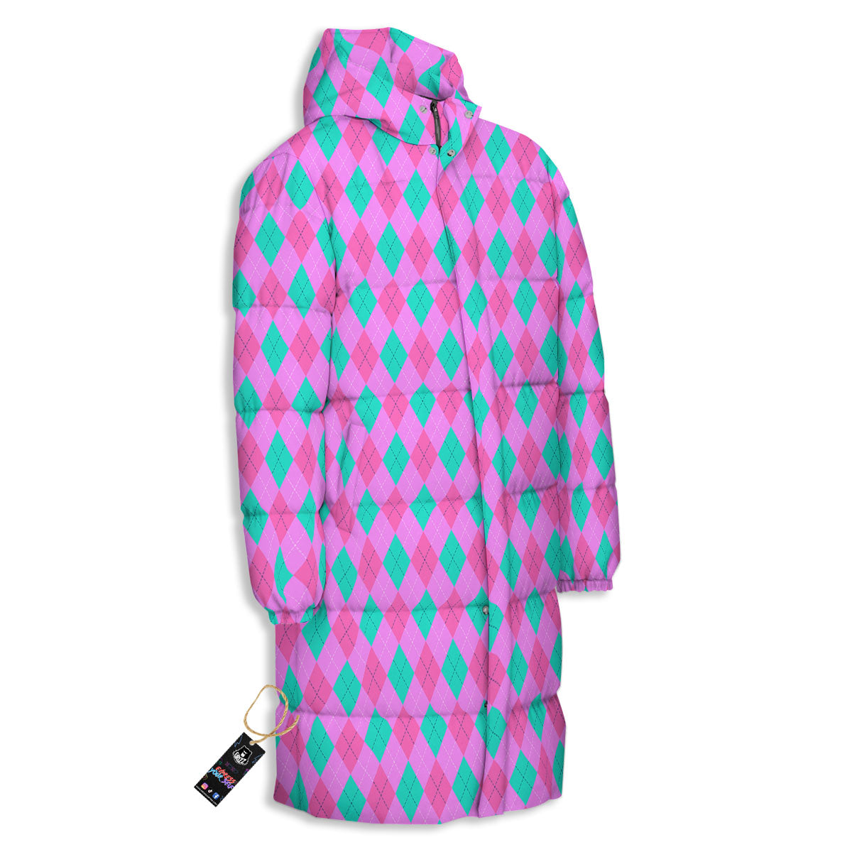 Argyle Green And Pink Print Pattern Long Down Jacket-grizzshop