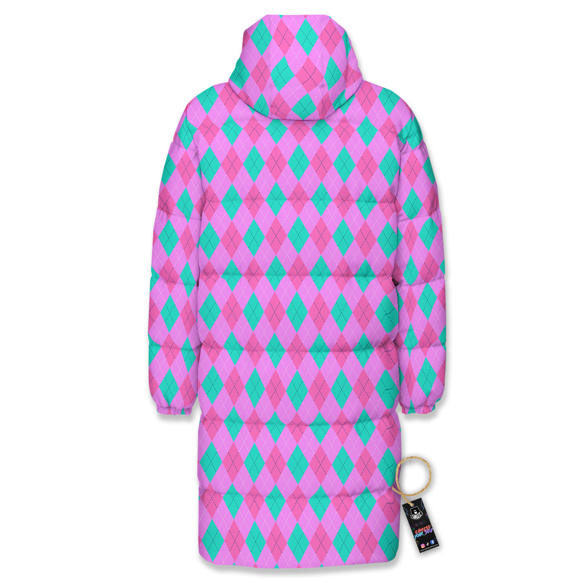 Argyle Green And Pink Print Pattern Long Down Jacket-grizzshop