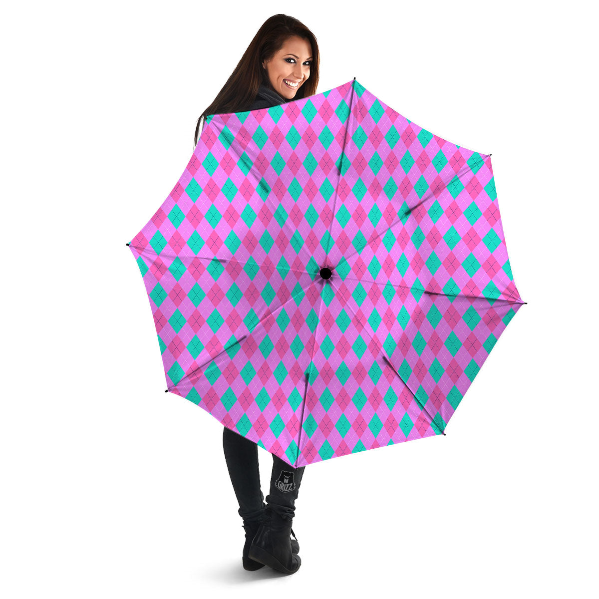 Argyle Green And Pink Print Pattern Umbrella-grizzshop