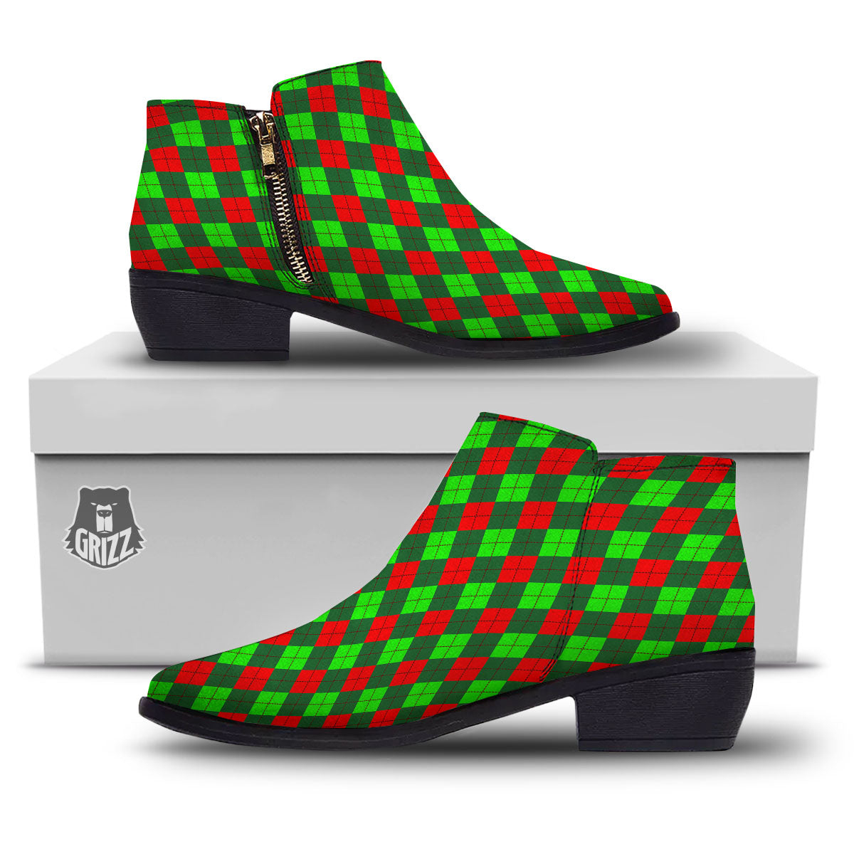 Argyle Green And Red Print Pattern Ankle Boots-grizzshop