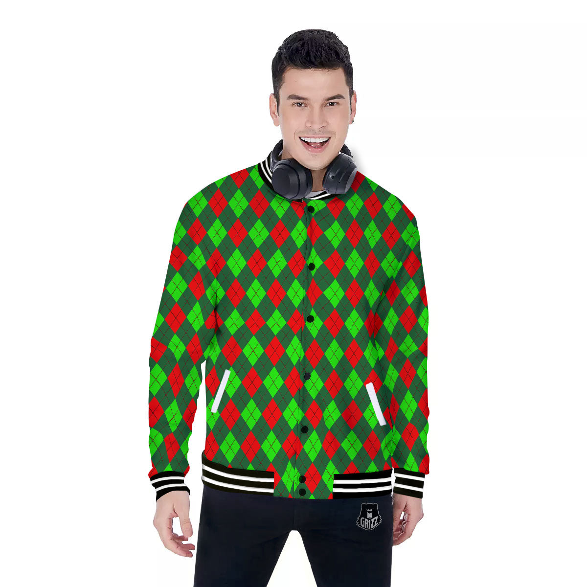 Argyle Green And Red Print Pattern Baseball Jacket-grizzshop