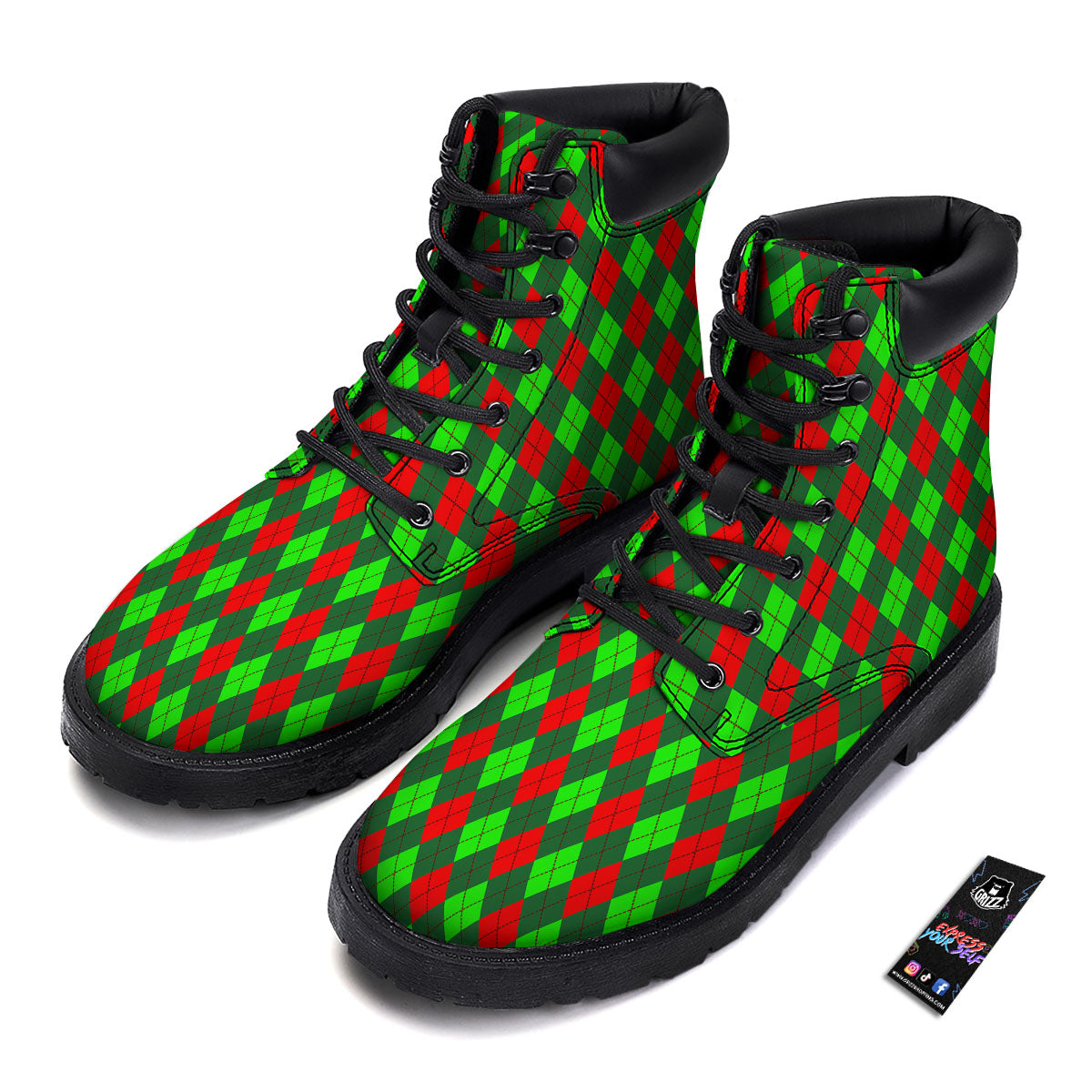 Argyle Green And Red Print Pattern Boots-grizzshop