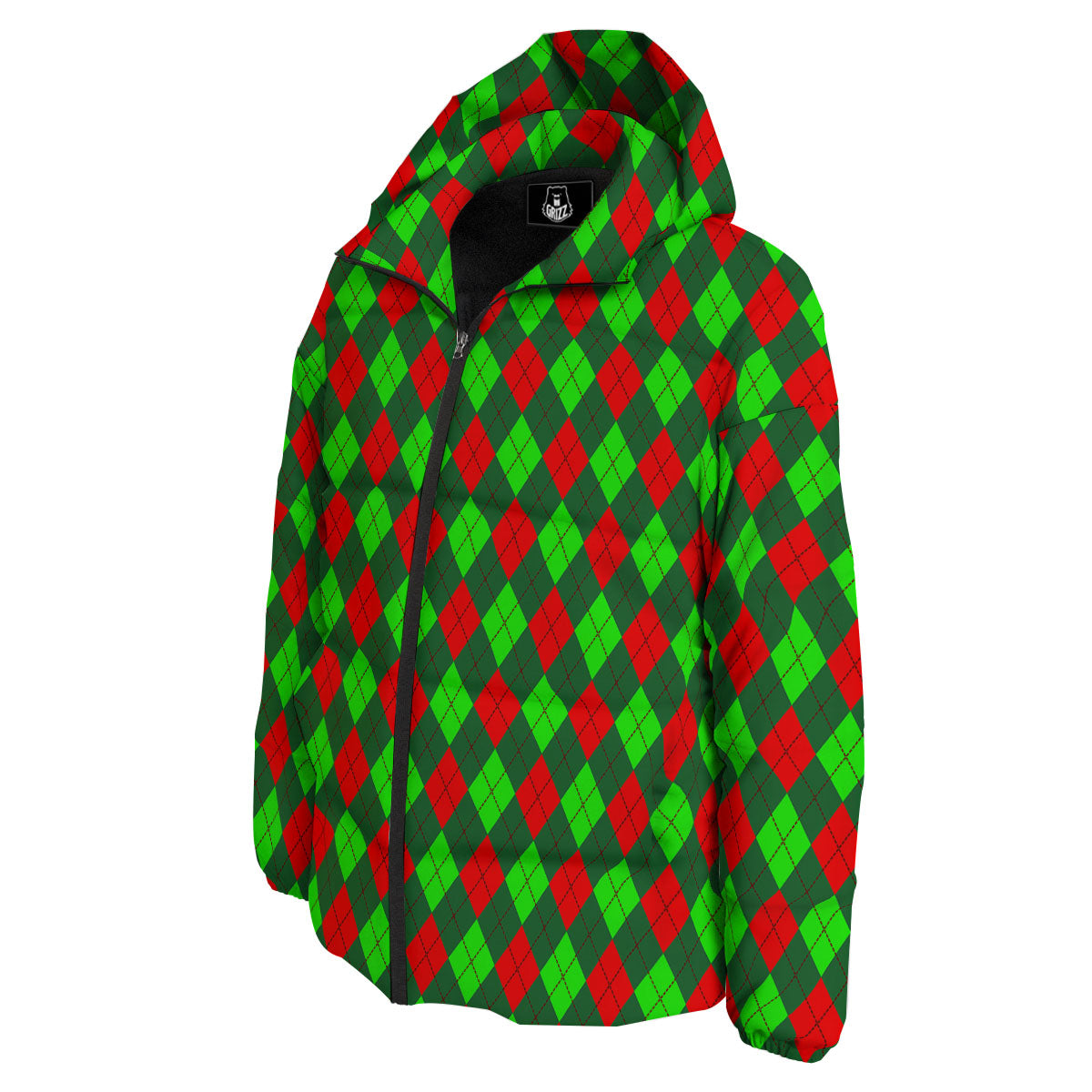 Argyle Green And Red Print Pattern Down Jacket-grizzshop
