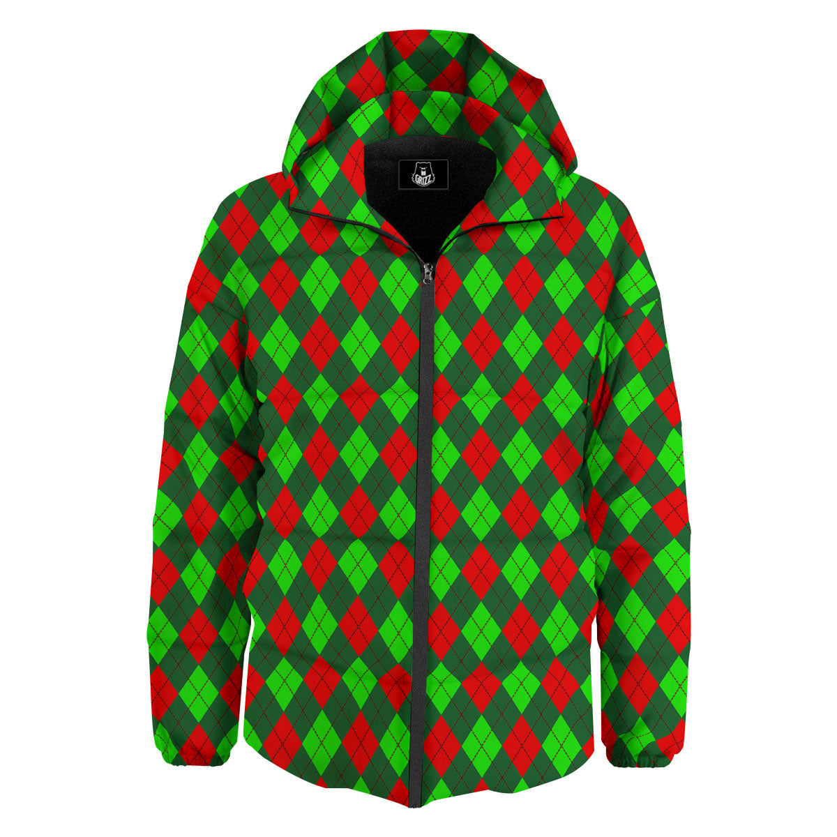 Argyle Green And Red Print Pattern Down Jacket-grizzshop