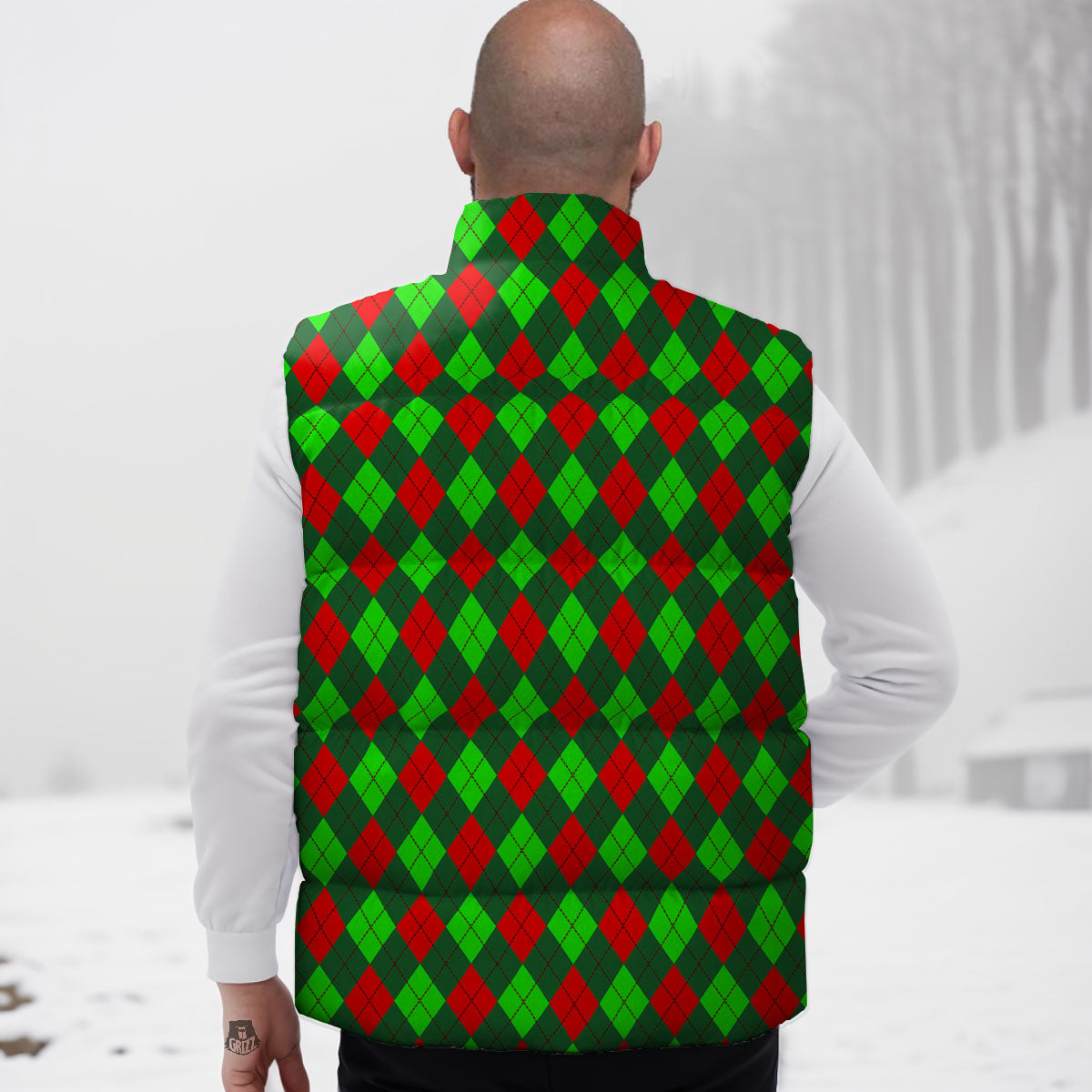 Argyle Green And Red Print Pattern Down Vest-grizzshop