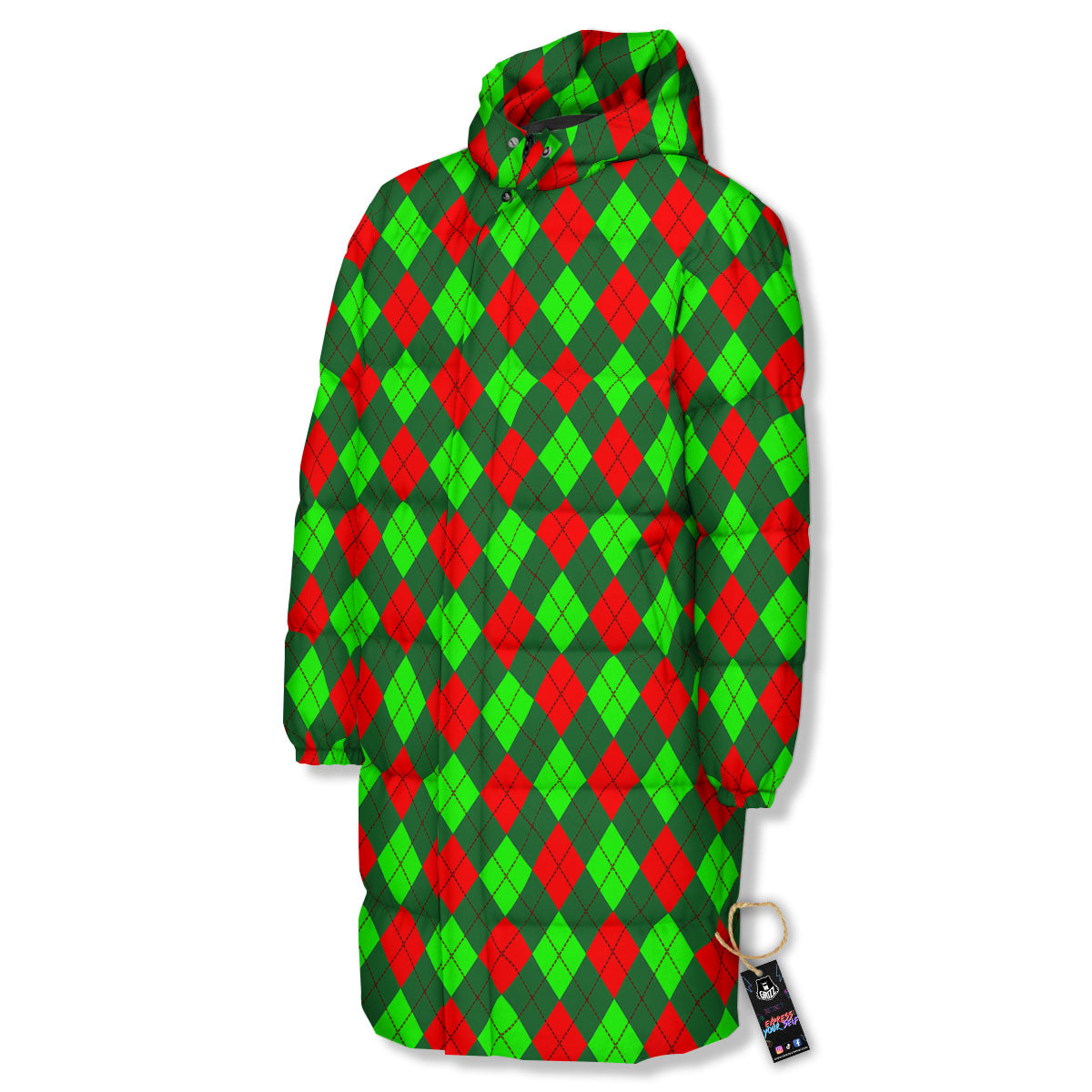 Argyle Green And Red Print Pattern Long Down Jacket-grizzshop
