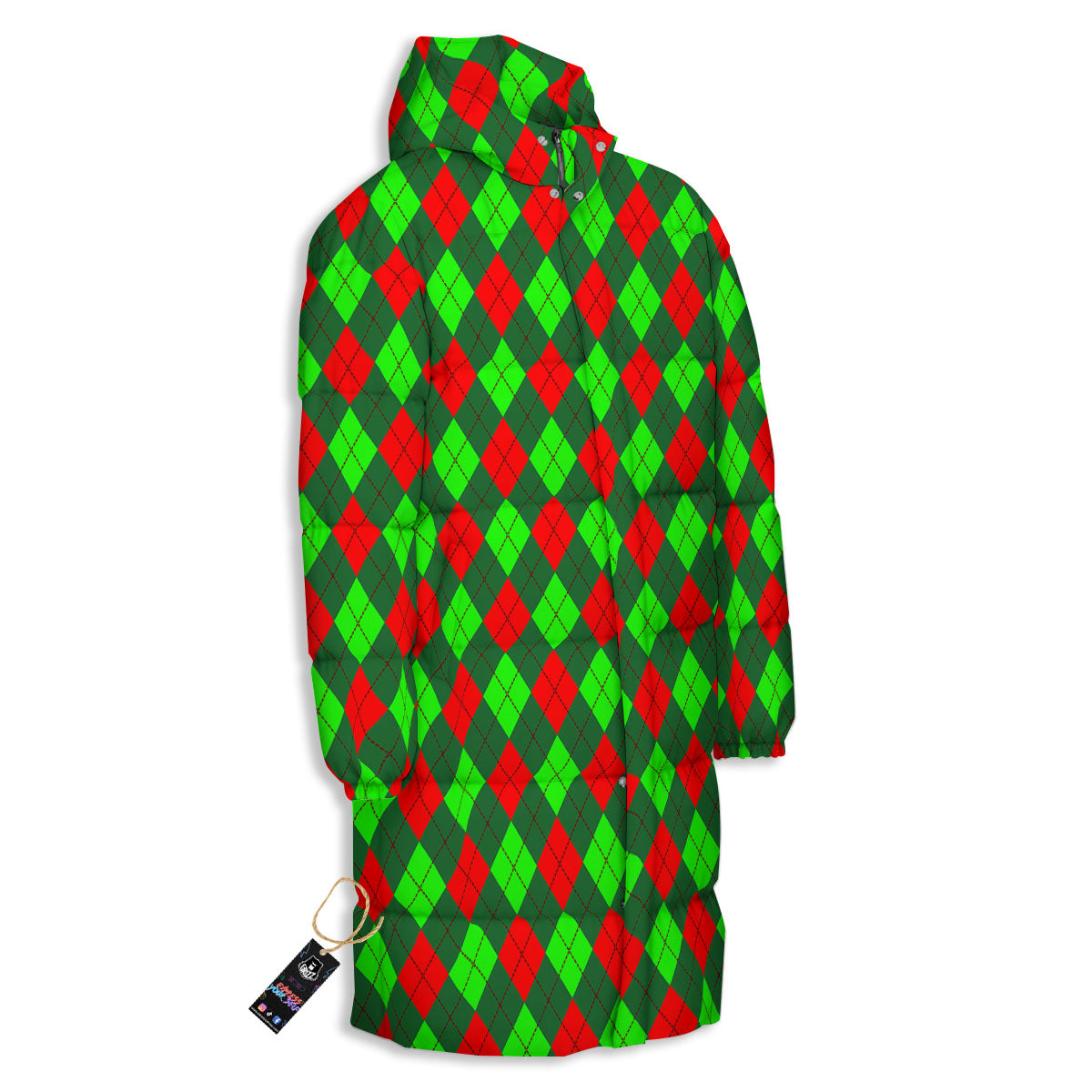 Argyle Green And Red Print Pattern Long Down Jacket-grizzshop