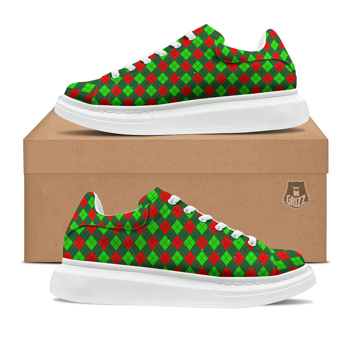 Argyle Green And Red Print Pattern Platform Shoes-grizzshop