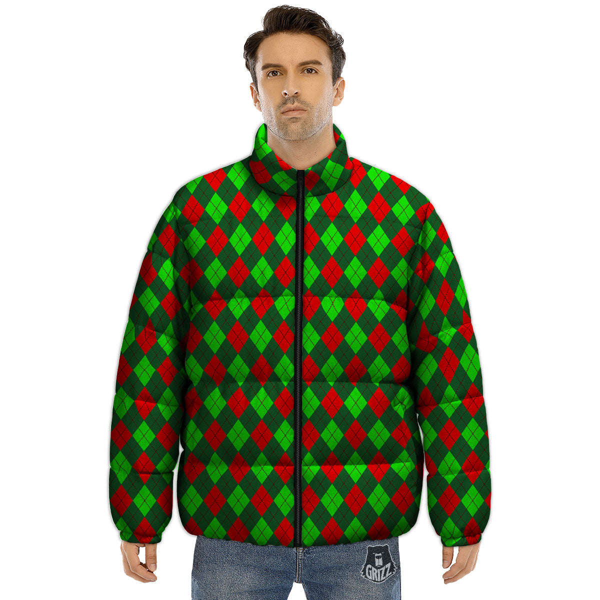 Argyle Green And Red Print Pattern Puffer Jacket-grizzshop