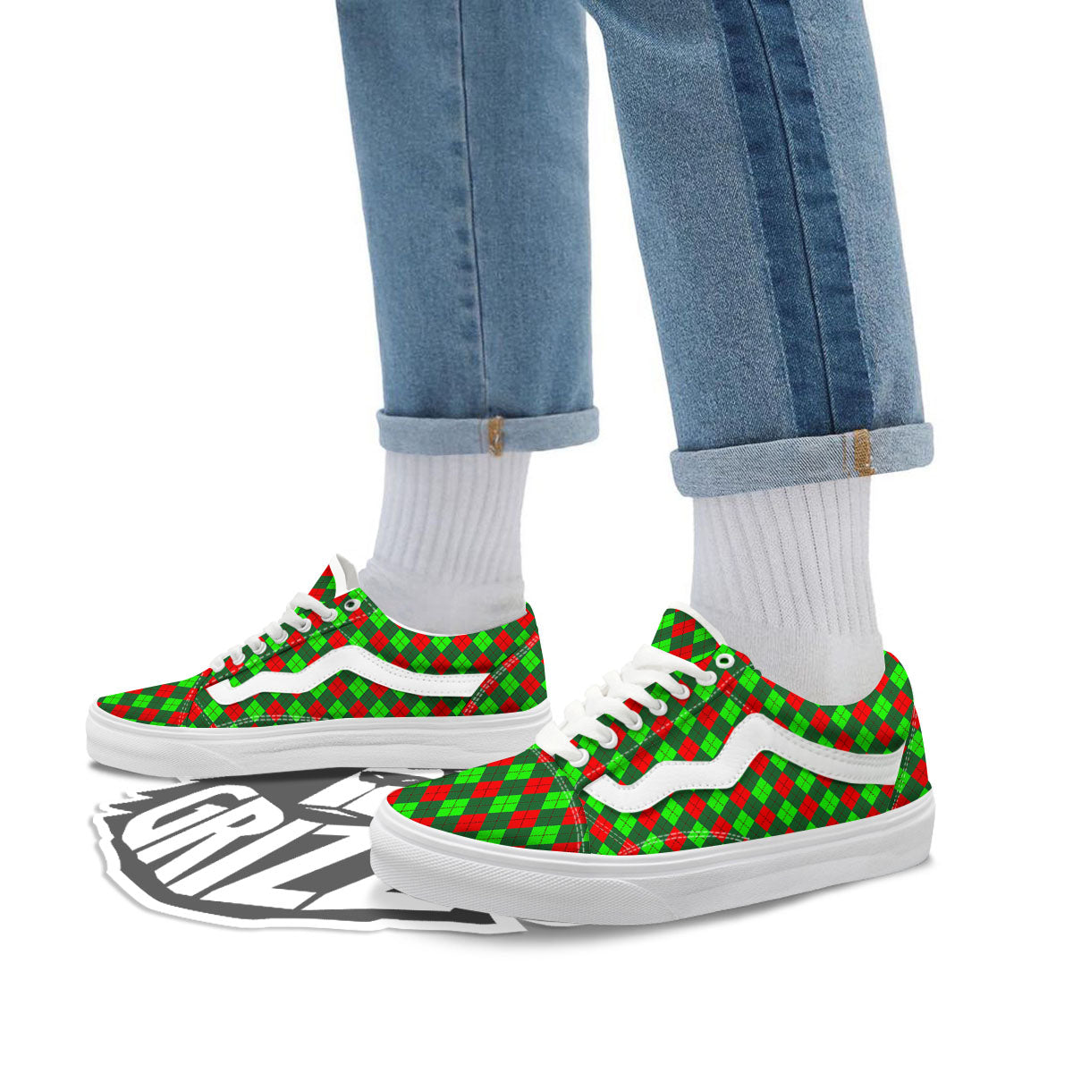 Argyle Green And Red Print Pattern Skate Shoes-grizzshop