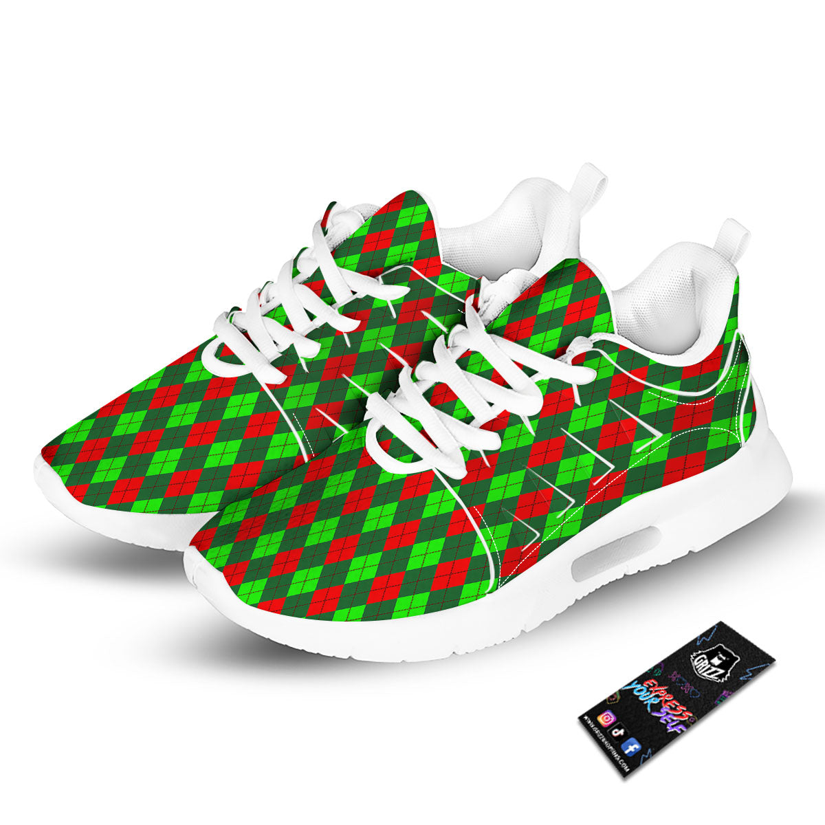 Argyle Green And Red Print Pattern Tennis Shoes-grizzshop