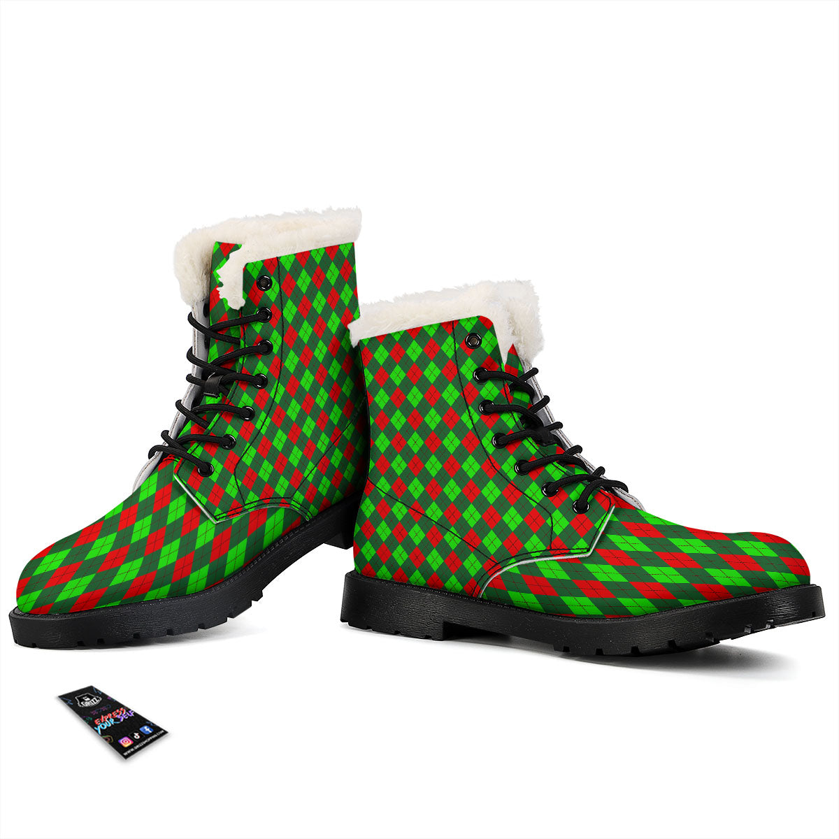 Argyle Green And Red Print Pattern Winter Boots-grizzshop