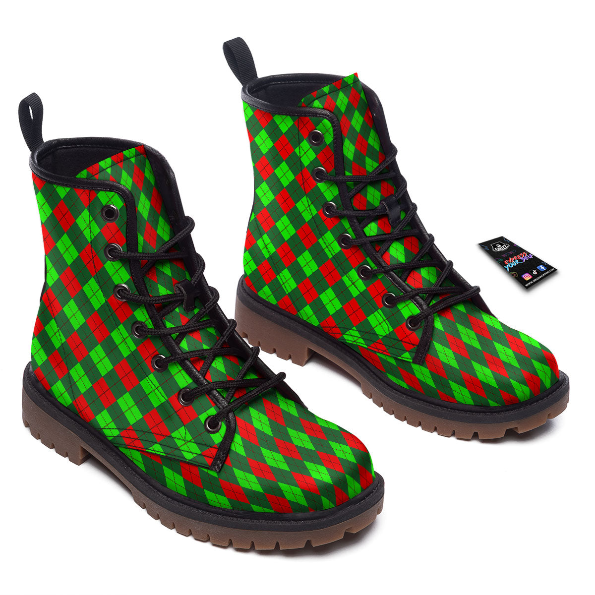 Argyle Green And Red Print Pattern Work Boots-grizzshop