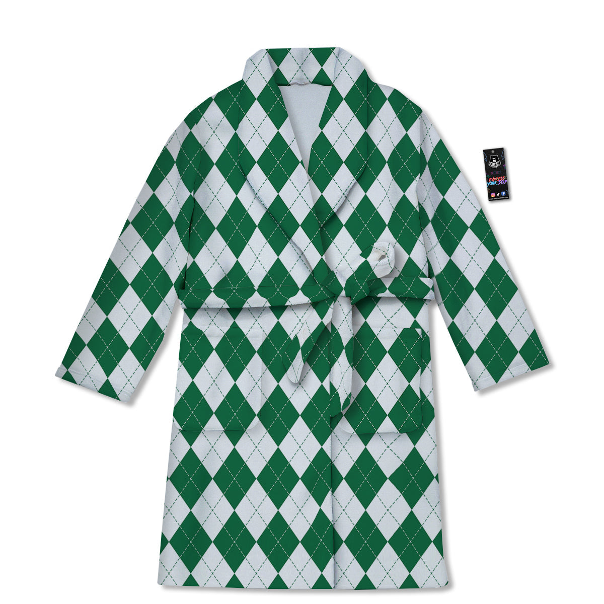 Argyle Green And White Print Pattern Bathrobe-grizzshop
