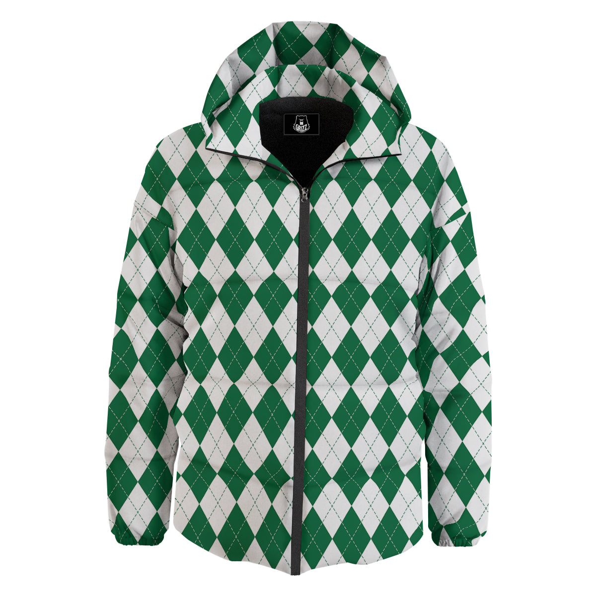 Argyle Green And White Print Pattern Down Jacket-grizzshop