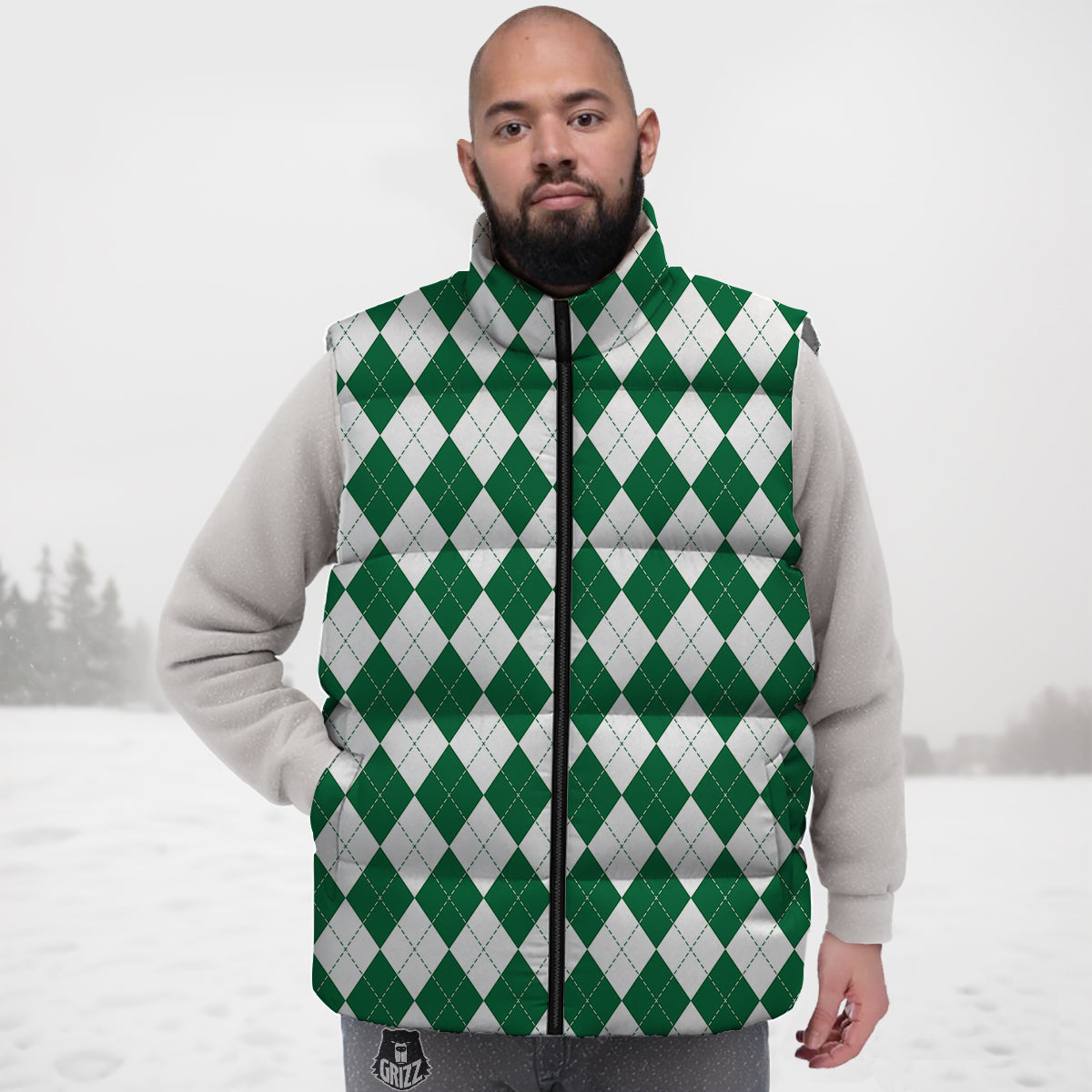 Argyle Green And White Print Pattern Down Vest-grizzshop