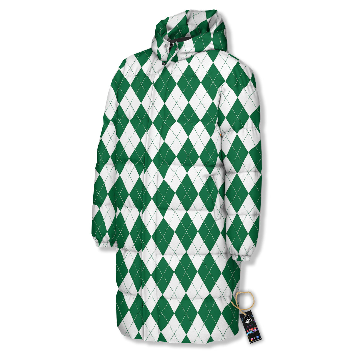 Argyle Green And White Print Pattern Long Down Jacket-grizzshop