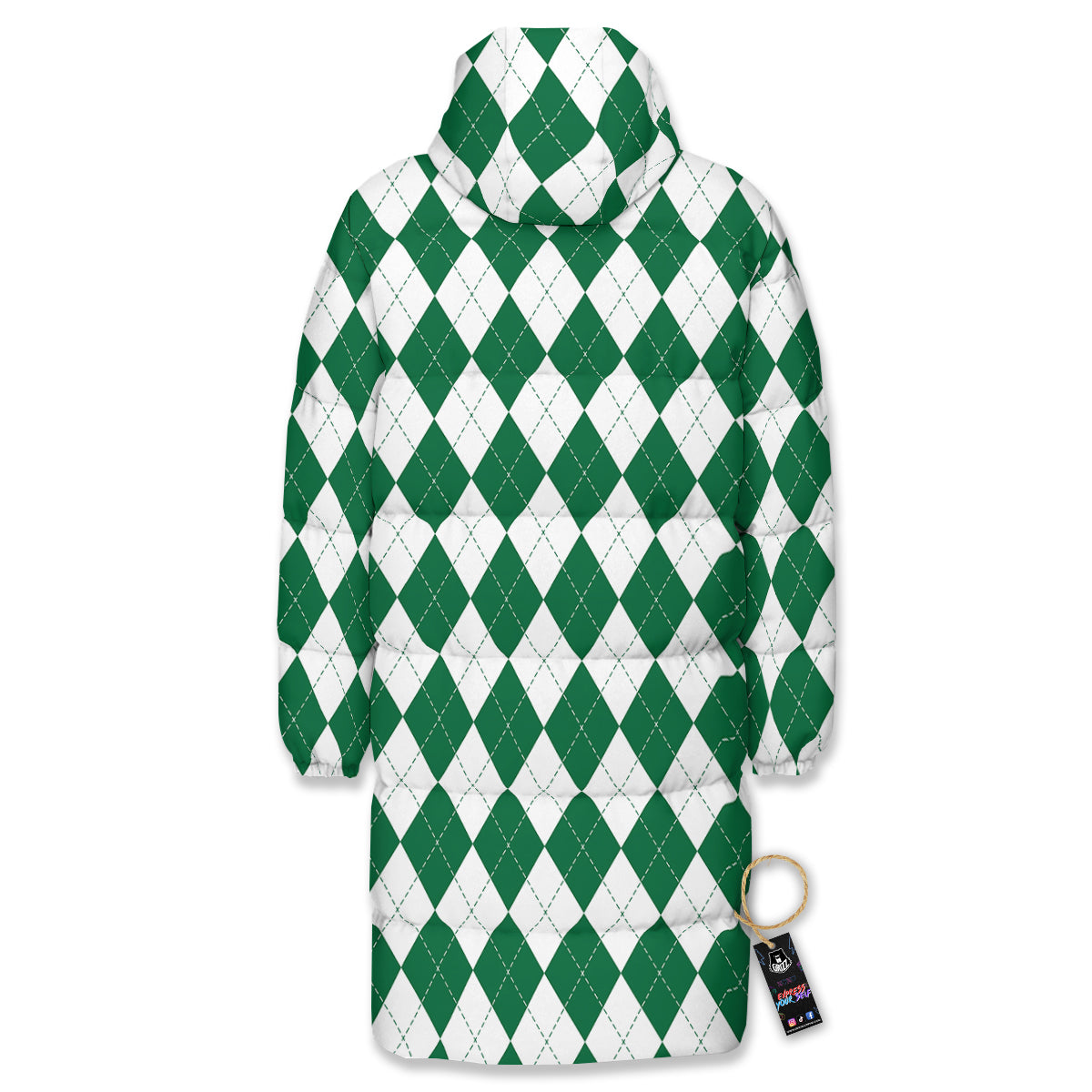 Argyle Green And White Print Pattern Long Down Jacket-grizzshop