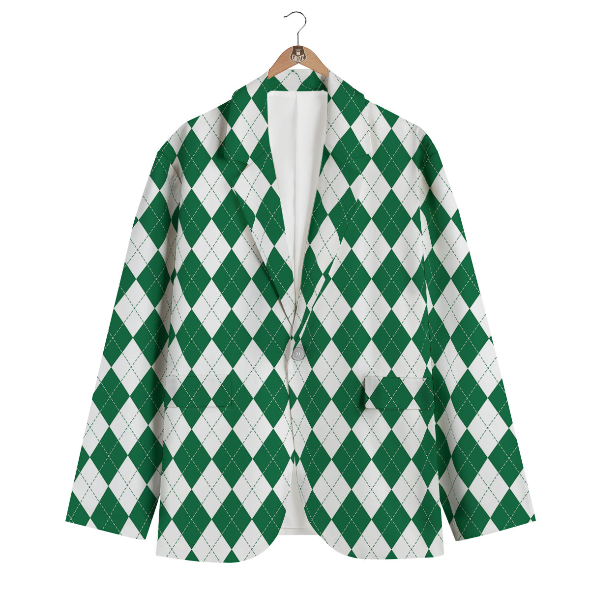 Argyle Green And White Print Pattern Men's Blazer-grizzshop