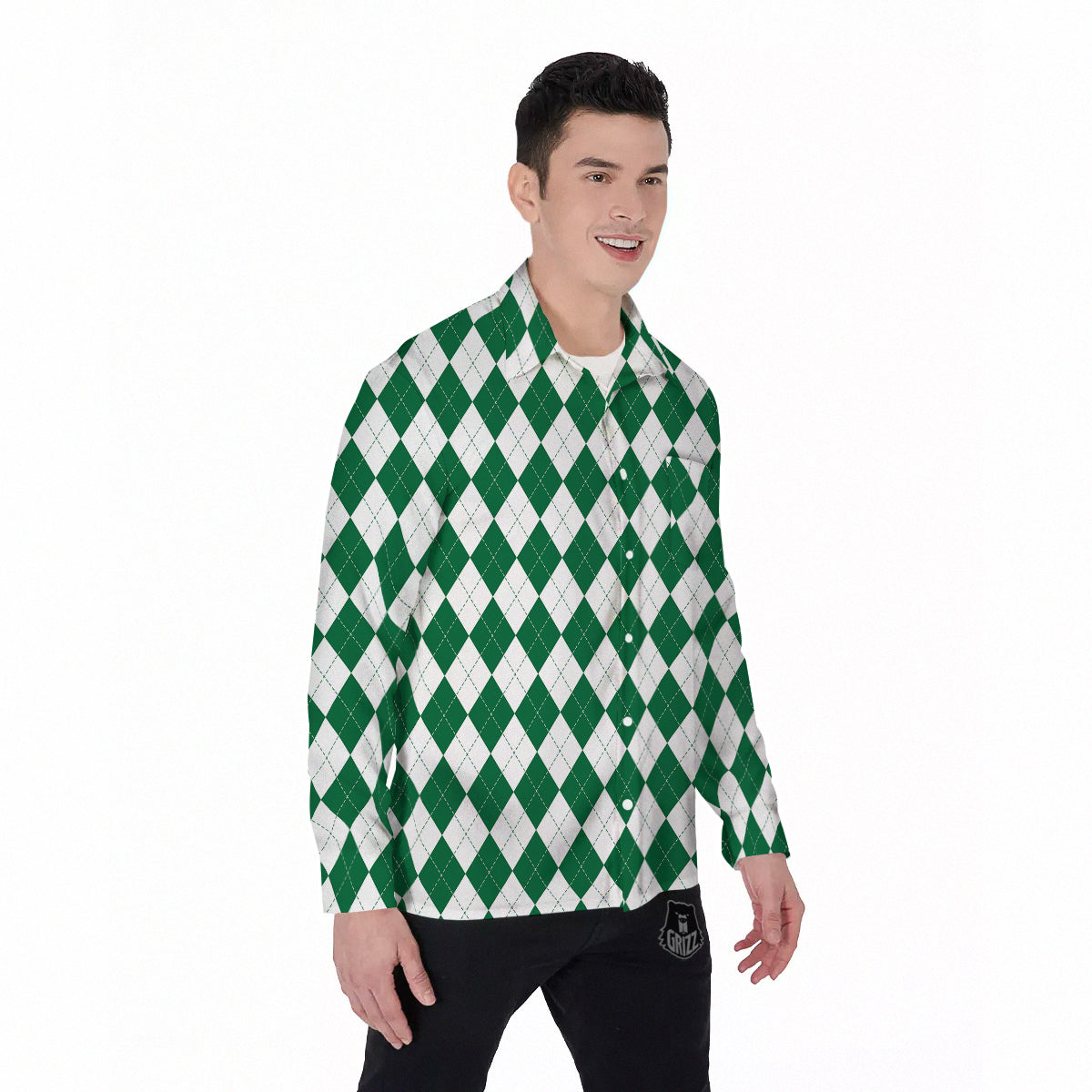 Argyle Green And White Print Pattern Men's Long Sleeve Shirts-grizzshop