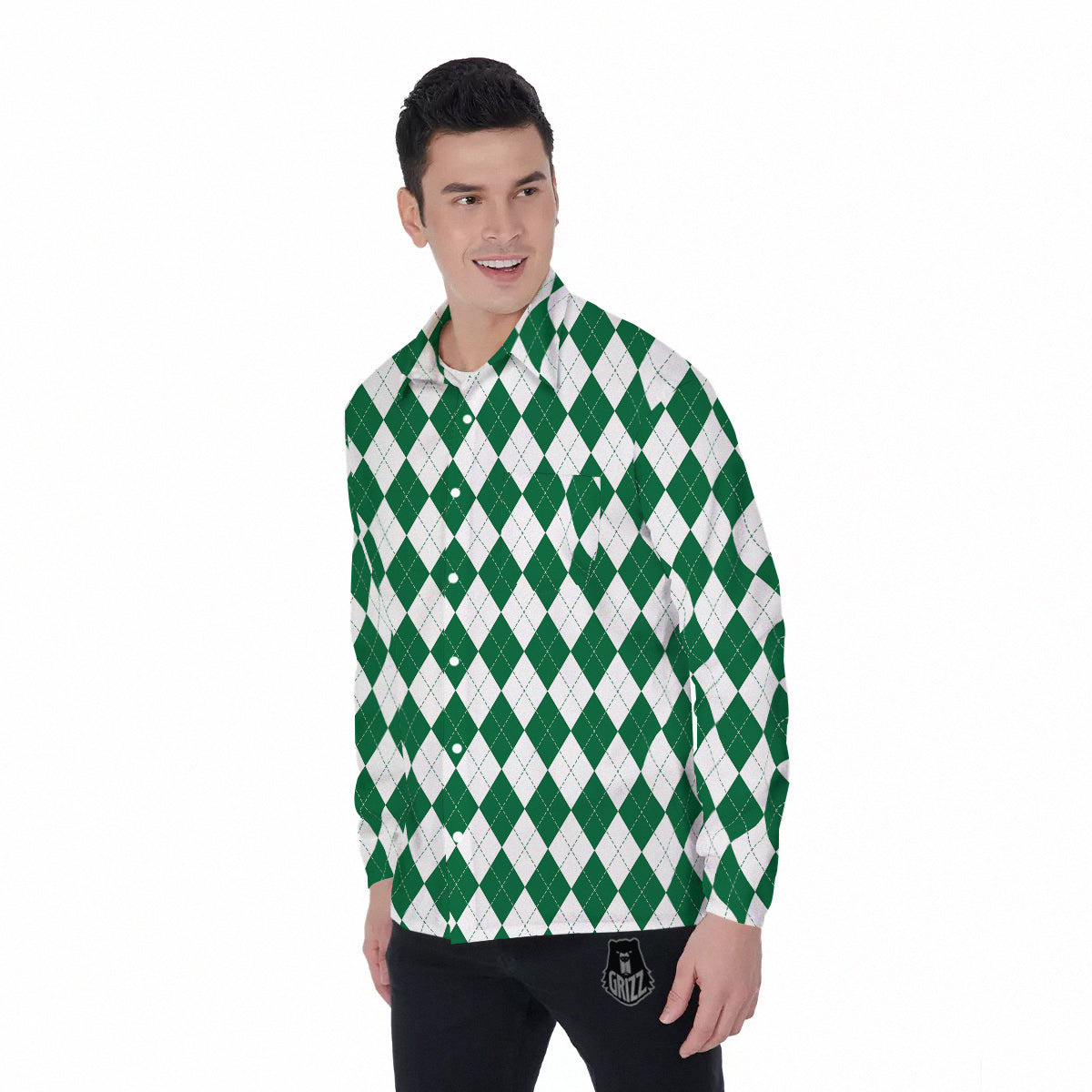 Argyle Green And White Print Pattern Men's Long Sleeve Shirts-grizzshop