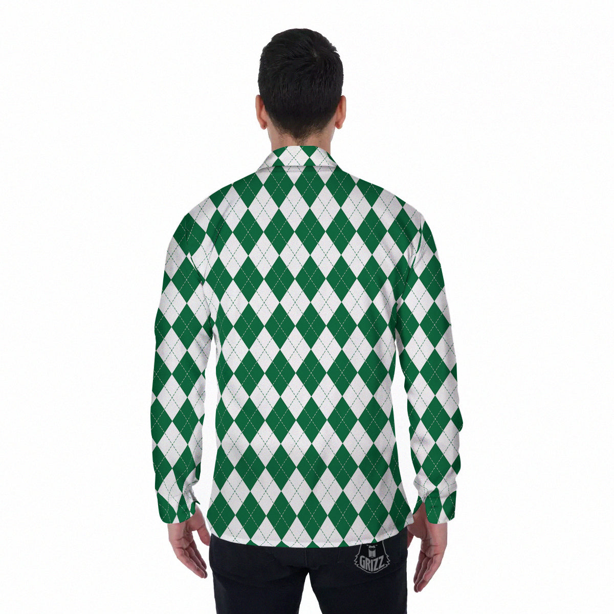 Argyle Green And White Print Pattern Men's Long Sleeve Shirts-grizzshop