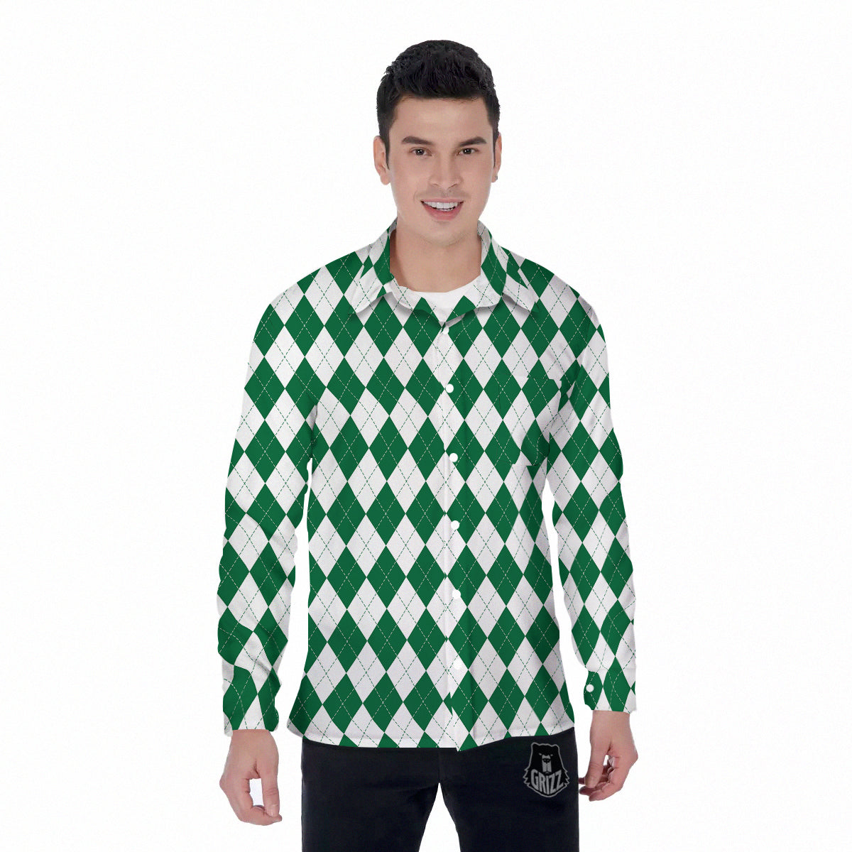 Argyle Green And White Print Pattern Men's Long Sleeve Shirts-grizzshop