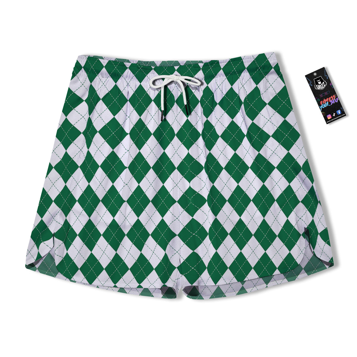 Argyle Green And White Print Pattern Men's Running Shorts-grizzshop