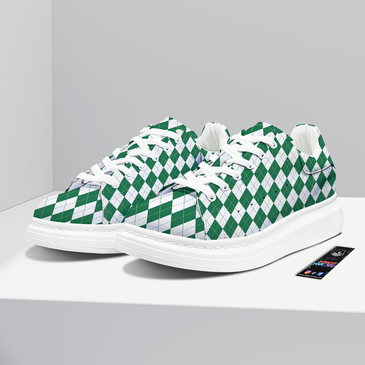 Argyle Green And White Print Pattern Platform Shoes-grizzshop