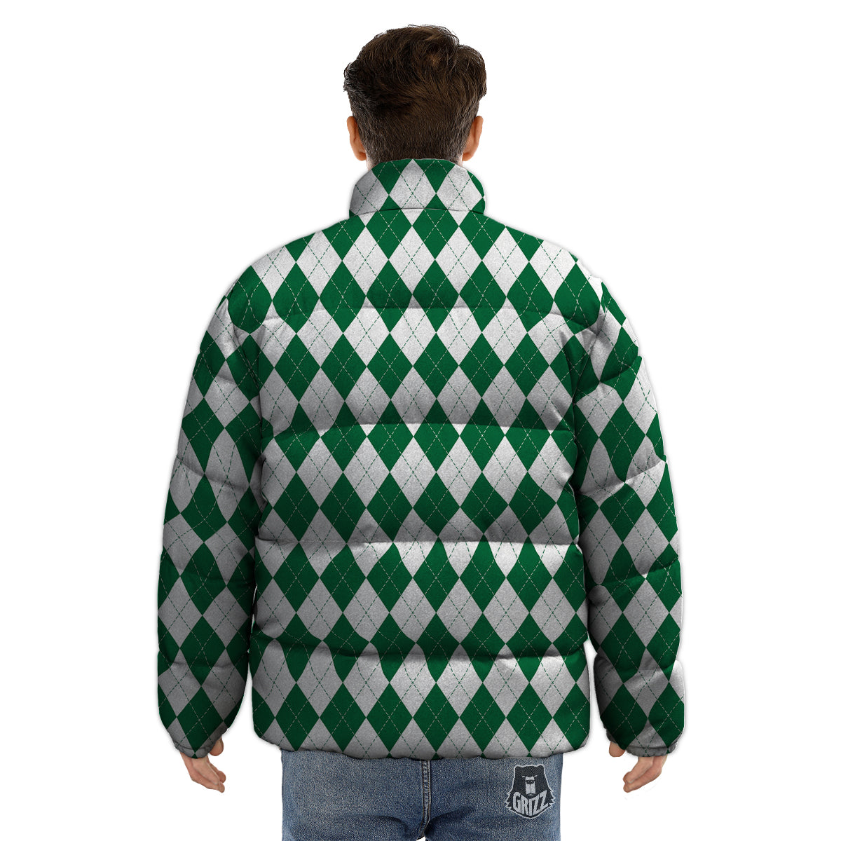 Argyle Green And White Print Pattern Puffer Jacket-grizzshop